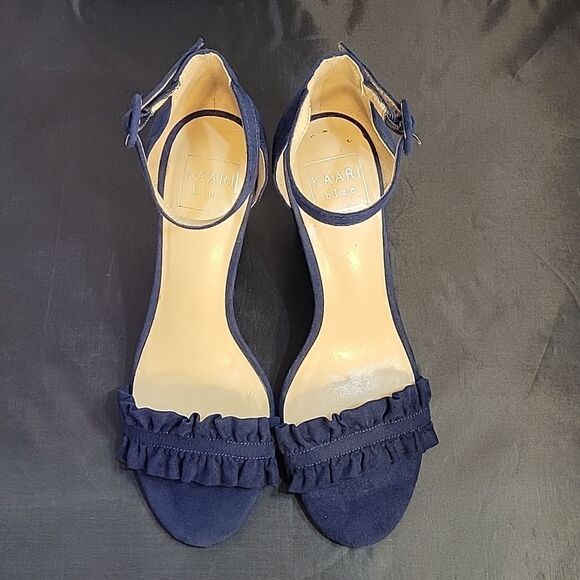 KAARI BLUE RUFFLE BLOCK HEEL OPEN TOE ADJUSTABLE BUCKLE ANKLE STRAP SANDAL - Picture 4 of 16